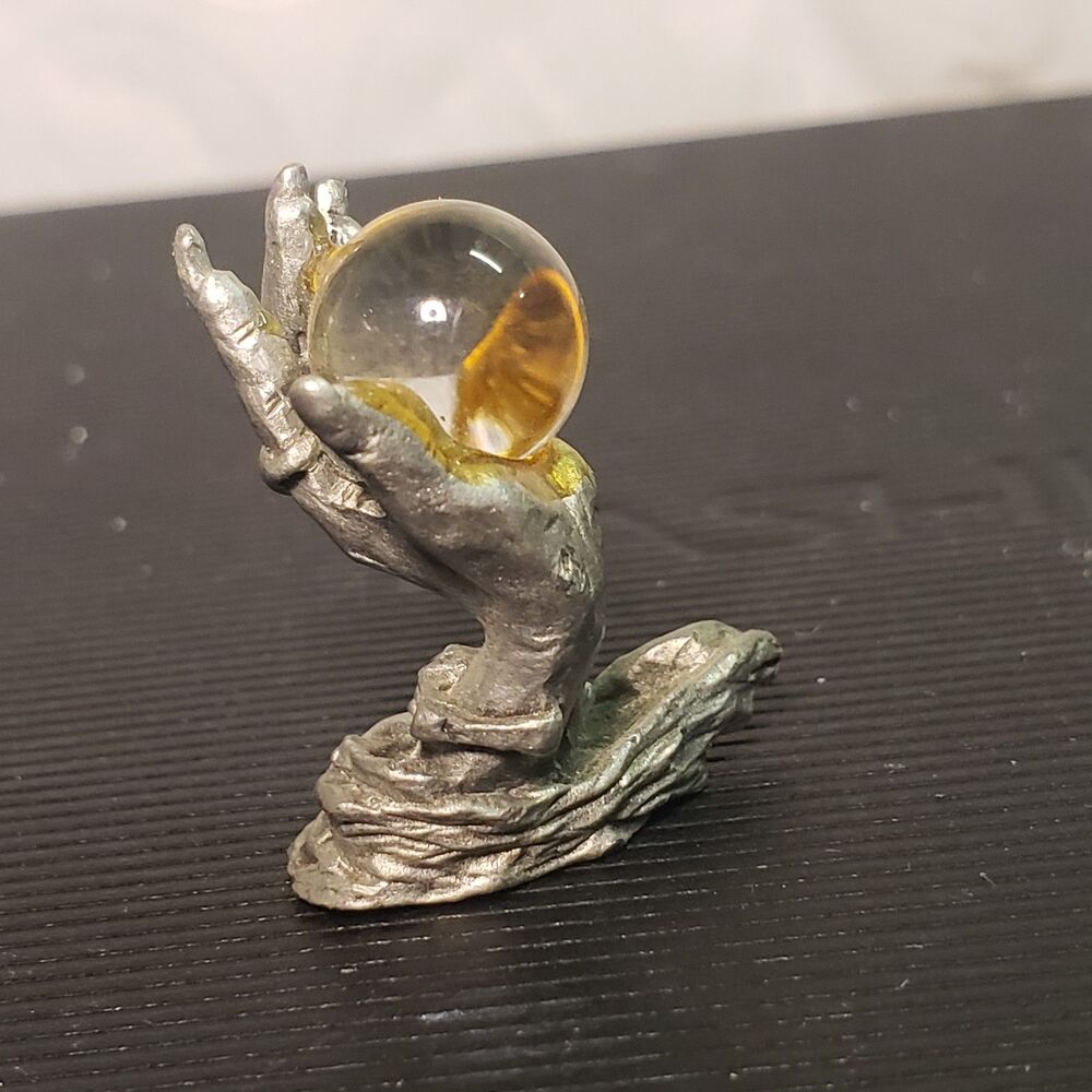 Vintage Silver Tone Figure Fortune Teller Hand w Crystal Ball WWW